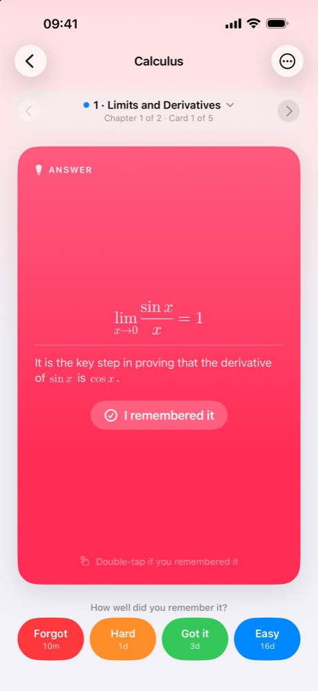 A Calculus card showing the limit of sin x over x as x goes to 0, written as a real formula.