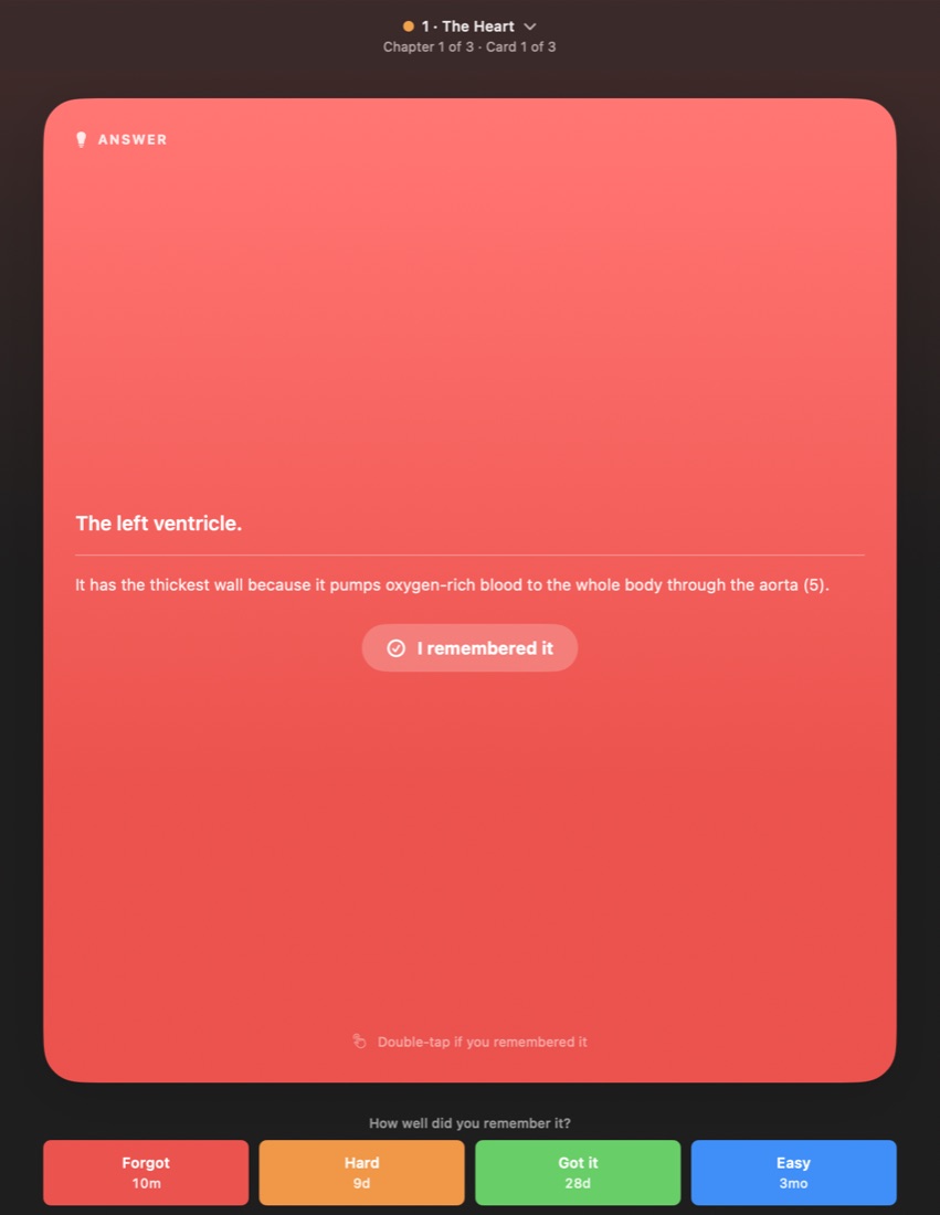 The answer of a card with the Forgot, Hard, Got it and Easy buttons below it.