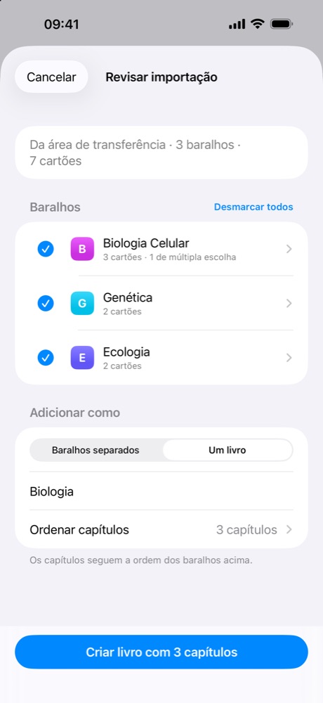 A tela Revisar importação com três baralhos de biologia e a opção de adicioná-los como um livro.